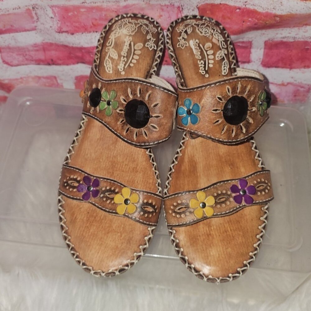 Spring Step Brown Leather Ambrosia Heeled Sandals with Flowers Beads US-6.5